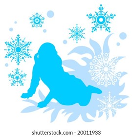 Sitting girl silhouette on a blue  background with snowflakes.
