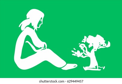 Sitting girl and small tree, silhouette on green background. Hand drawn vector illustration. 