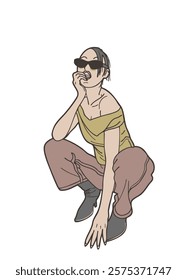 A Sitting girl in stylish outfit with sunglasses and relaxed pose
