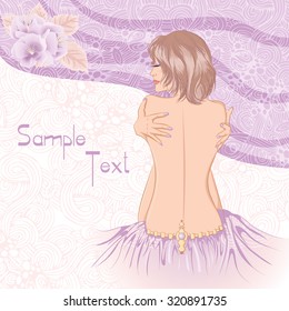 Sitting girl turned her back. Vector illustration suitable for spa salon or natural medicine clinic.