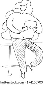 sitting girl using a digital tablet. Freelance or studying concept. Cute illustration.