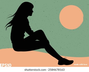 Sitting girl with windblown hair silhouette. Vector abstract background