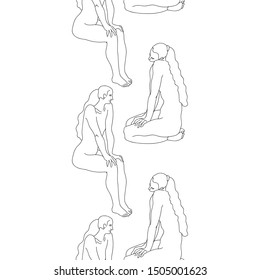 Sitting girls vector seamless pattern. White background.