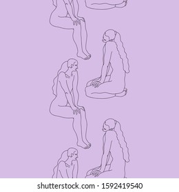 Sitting girls vector seamless pattern. Lilac background.