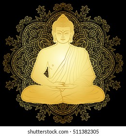 Sentado Buda de oro en Lotus posición en el fondo de Mandala redondo aislado en negro. Signo para tatuajes, papel textil, mascotas y amuletos. Página de coloreo emotérico.