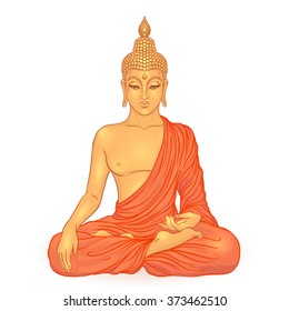 Sitting Golden Buddha isolated on white. Vector illustration. Beautifully detailed. Vintage decorative elements. Indian, Hindu motifs. Tattoo, yoga, spirituality, textiles.