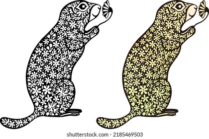 A sitting gopher with a flower in its paws. Vector illustration.