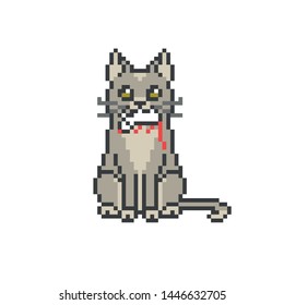 Sitting gray cat with caught white rat in her mouth, pixel art icon isolated on white background. Kitty playing with toy mouse. Old school 8 bit slot machine/video game graphics.