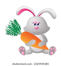 sitting gray rabbit holds weighty orange carrot