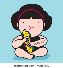 Sitting Greedy Fat Woman Eating Delicious Hamburger With Tattooed Text Hopeless On Her Arm Concept Card Character illustration
