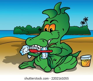 Sitting Green Crocodile Brushes its Teeth with a Toothbrush - Colored Cartoon Illustration with Background, Vector