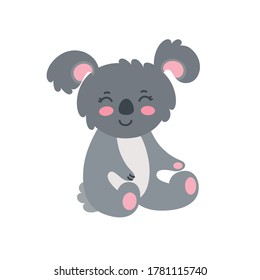 Sentado koala gris aislado en fondo blanco. Feliz koala con mejillas rosas. Ilustración vectorial en un estilo plano lindo