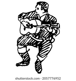 Sitting guitarist. Seated man playing the guitar. Hand drawn linear doodle rough sketch. Black silhouette on white background.