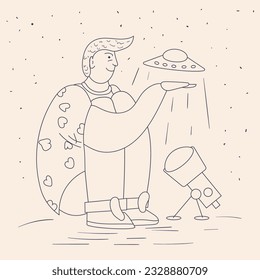 A sitting guy holds in his hand on the palm of his hand a small UFO that flies away, a contour drawing in the style of corporate Memphis