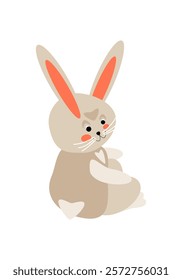 Sitting half-turned gray cartoon rabbit. Vector illustration for design of cards, banners, invitations, packaging, prints for clothes