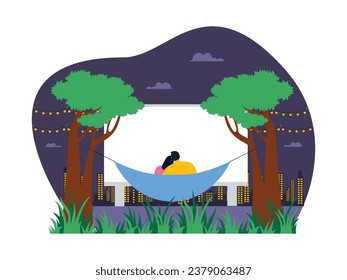 Sitting in a hammock with girlfriend, watching a big screen movie in the backyard, enjoying nightlife, vector illustration.