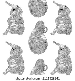 Sitting and happy elephant template on simple white background