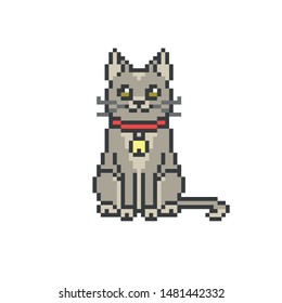 Sitting Happy Gray Maine Coon Cat In A Red Collar With A Golden Bell, Pixel Art Icon Isolated On White Background. Old School 8 Bit Slot Machine/video Game Graphics. Pet Shop/store Logotype.