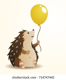 Sitting Hedgehog with Yellow Balloon, hand drawn vector illustration