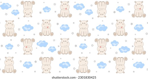 Sitting hippos, blue clouds and small gray stars on a white background. Endless texture with cute tiny behemoths. Vector seamless pattern for wrapping paper, giftwrap, surface texture, cover and print