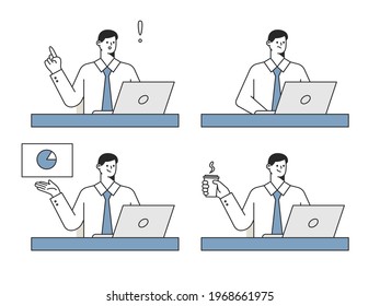 The businessman is sitting at his desk. He’s wearing a white shirt and neck tie. 4 Styles Office Worker Concept. Line Style Vector Design Illustrations.