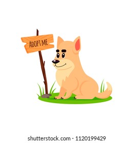 Sitting homeless dog with a poster Adopt me. Dont buy - help the homeless animals find a home, sad puppy, pet adoption - vector illustration.