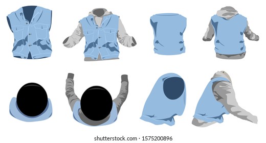 Sitting human figure jeans sleeveless jacket with hoodie different view vector illustration