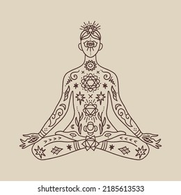 Sentado humano en la pose del loto, práctica del yoga. Ilustración vectorial. Composición de Samadhi zen. Indio, Budismo, sistema chakras, espiritualidad clipart, Bali, Goa. Práctica de Vipassana, retiro. Boho hippie