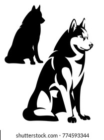 sitting husky dog simple black and white design - vector outline and silhouette.