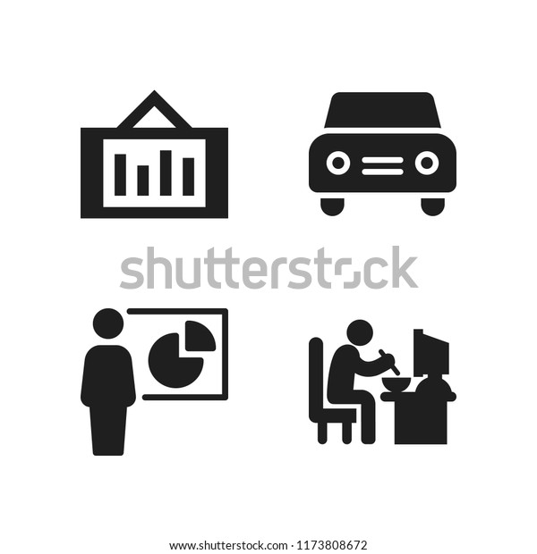sitting icon. 4 sitting vector icons set.\
presentation, man sitting in his job desk eating lunch and car\
icons for web and design about sitting\
theme