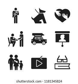 sitting icon. 9 sitting vector icons set. family group of four, reading glasses and student icons for web and design about sitting theme