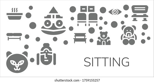 sitting icon set. 11 filled sitting icons.  Simple modern icons such as: Cat, Toad, Bench, Teddy bear, Waiting room, Buddha, Fatigue