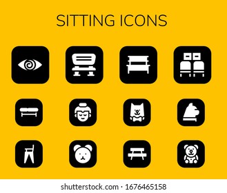 sitting icon set. 12 filled sitting icons. Included Fatigue, Bench, Feeding chair, Buddha, Teddy bear, Cat, Waiting room icons