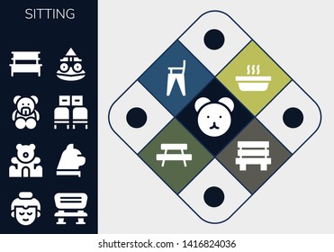 sitting icon set. 13 filled sitting icons.  Collection Of - Teddy bear, Buddha, Bench, Cat, Waiting room, Toad, Feeding chair