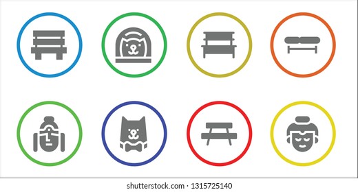 sitting icon set. 8 filled sitting icons.  Collection Of - Bench, Buddha, Cat