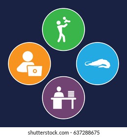 Sitting icons set. set of 4 sitting filled icons such as alligator, man with laptop, man working at the table