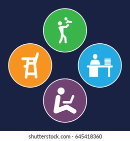 Sitting icons set. set of 4 sitting filled icons such as baby chair, man working at the table, man sitting with laptop