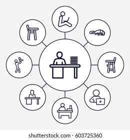 Sitting icons set. set of 9 sitting outline icons such as alligator, baby chair, table, man with laptop, man working at the table, man sitting with laptop