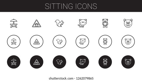 sitting icons set. Collection of sitting with rest area, paw, squirrel, cat, teddy bear, bear. Editable and scalable sitting icons.