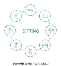 sitting icons. Trendy 8 sitting icons. Contain icons such as alligator, baby chair, man with laptop, table, father with baby, man working at the table. sitting icon for web and mobile.