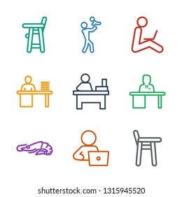 sitting icons. Trendy 9 sitting icons. Contain icons such as baby chair, man with laptop, alligator, man working at the table, table, man sitting with laptop. icon for web and mobile.
