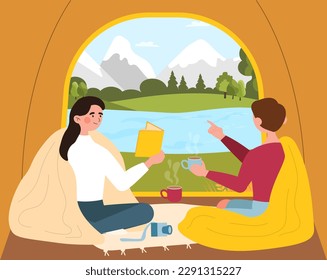 Sitting inside camping tent. Man with hot drink, coffee or tea and woman with book relaxing in nature and looking at river. Active lifestyle, hiking and camping. Cartoon flat vector illustration