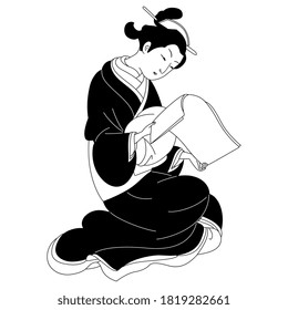 Sitting Japanese girl reading manuscript. Vintage style. Beautiful Asian lady in kimono. Black and white silhouette.