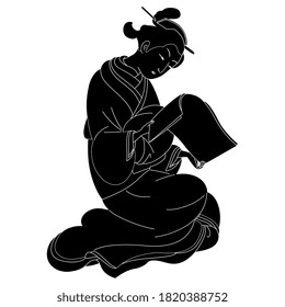 Sitting Japanese girl reading manuscript. Vintage style. Beautiful Asian lady in kimono. Black and white silhouette.