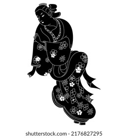 Sitting Japanese lady in kimono. Art of Okumura Masanobu. Black and white negative silhouette.