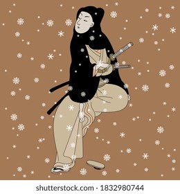 Sitting Japanese man or samurai with two katana swords under snowflakes. Ethnic winter motif.