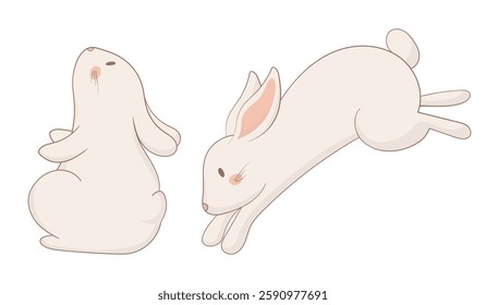 Sitting and jumping bunny icon. One rabbit sits calmly while the other is mid-leap. Cartoon-style illustration capturing a mix of stillness and action