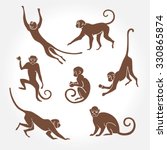 Sitting, jumping, running, hanging, walking, standing fun monkey silhouette. Isolated vector illustration.