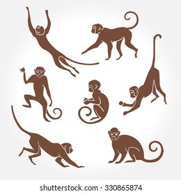 Sitting, jumping, running, hanging, walking, standing fun monkey silhouette. Isolated vector illustration.