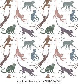 Sitting, jumping, running, hanging, walking, standing fun monkey silhouette pattern. Isolated vector illustration.